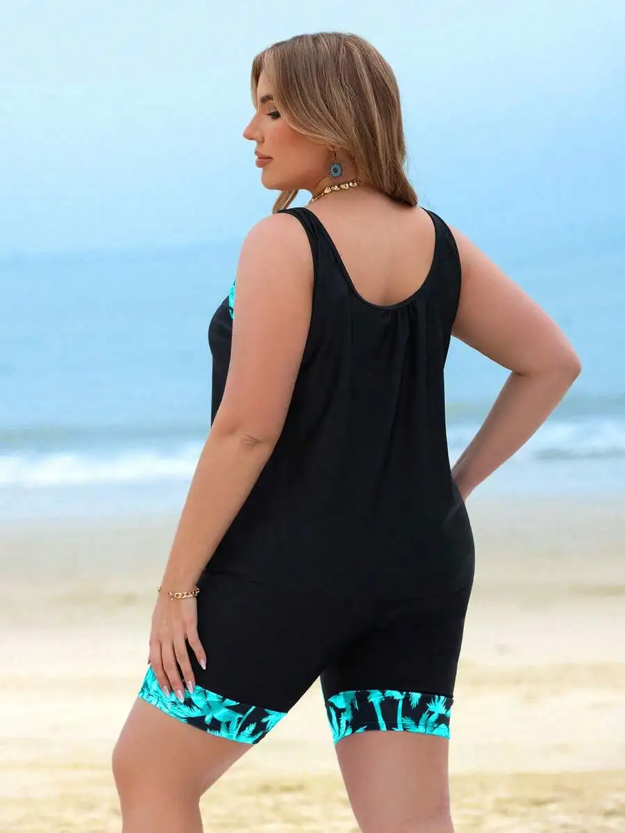 

Plus Size Coconut Tree Print Patchwork Tankini Swimsuit For Beach Summer Vacation