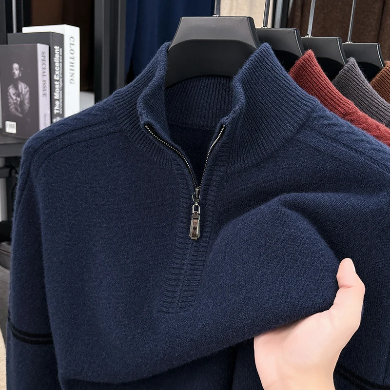 100% Sheep Wool Sweater Men 2025 Autumn Winter Trendy Zipper Jumper Classic Stand Collar Clothes Cashmere Wool Tops Pullovers