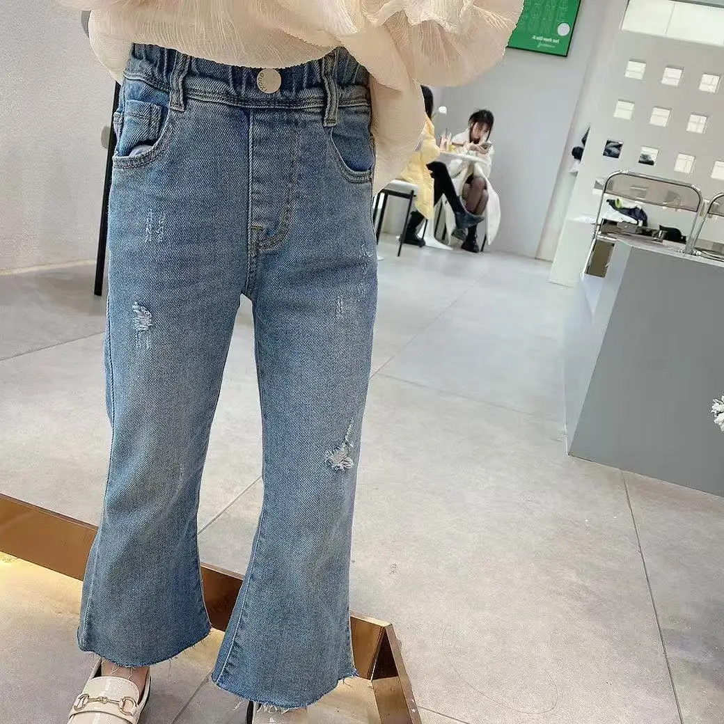 

Teenage Girls' Jeans Spring and Autumn 2026 New Children's Slim Fit Elastic High Waist Bellbottom Pants for Outer Wear 100-160cm