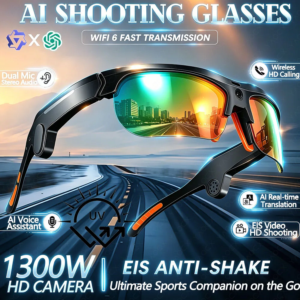 New 1300W Pixel Smart AI Glasses 1080P Video Recording Camera Sunglasses 32GB WiFi AI Translation Voice Control Outdoor Sports