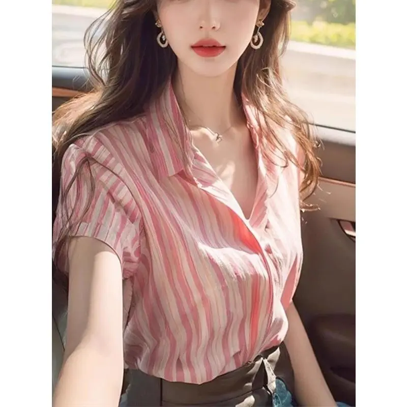 

French Elegance Pink Striped Collar Short Sleeve Blouse Women's Summer Chic Loose