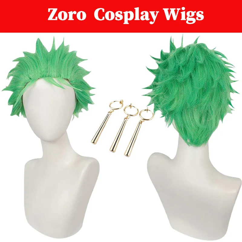 Zoro Cosplay Wigs Costume Accessories Men Green Wigs Headgear Earrings Ear Clip Male Disguise Halloween Carnival Party Suit Prop