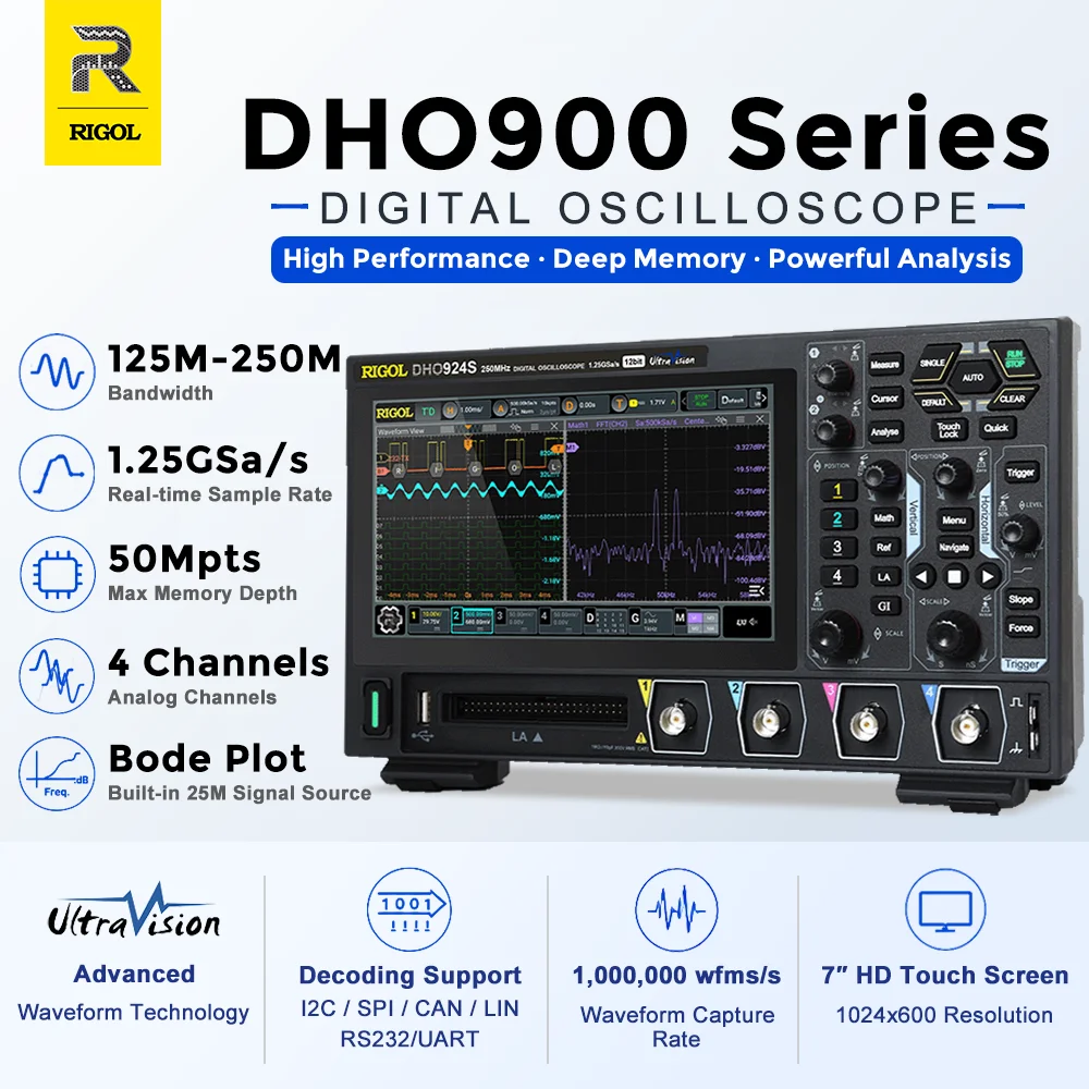 RIGOL DHO900 Series Oscilloscope: 4CH, 125/250MHz, 25Mpts,Automotive Electronics Protocol Decoder &  Bode plot(DHO914S/DHO924S)