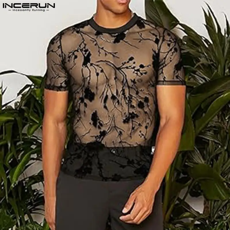 INCERUN Tops 2024 American Style Men\'s Sexy See-through Printed T-shirts Leisure See-through O-neck Short Sleeved Camiseta S-5XL