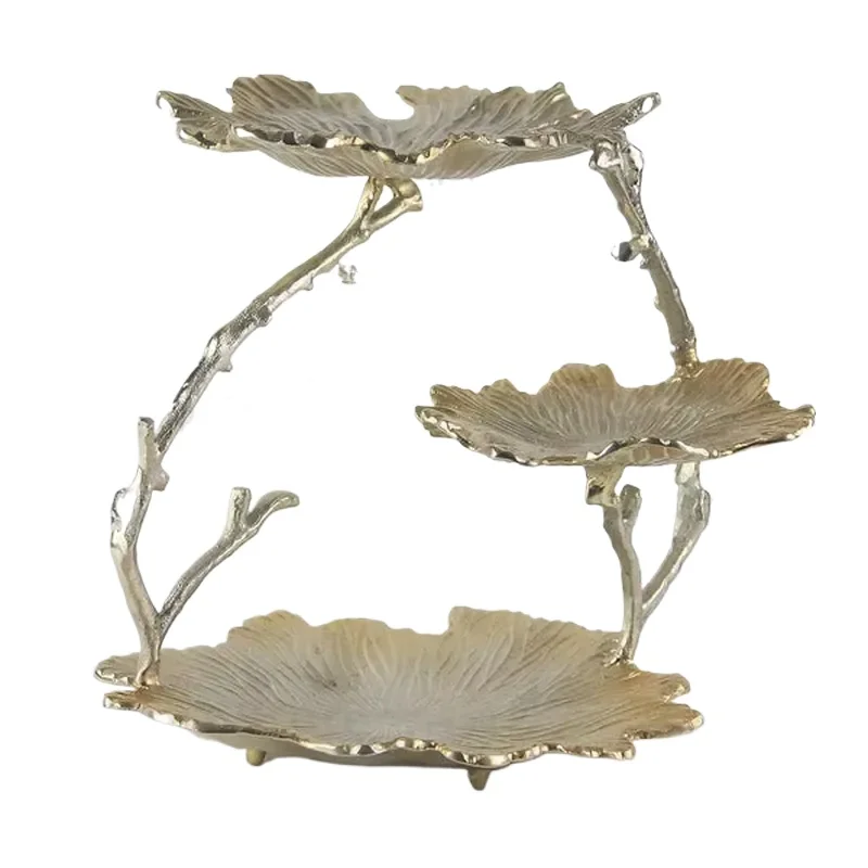 Gold Metal Cake Stand Three Tier Rustic Handmade Aluminum Leaf Pattern Display Rack for Christmas Party Dessert Table