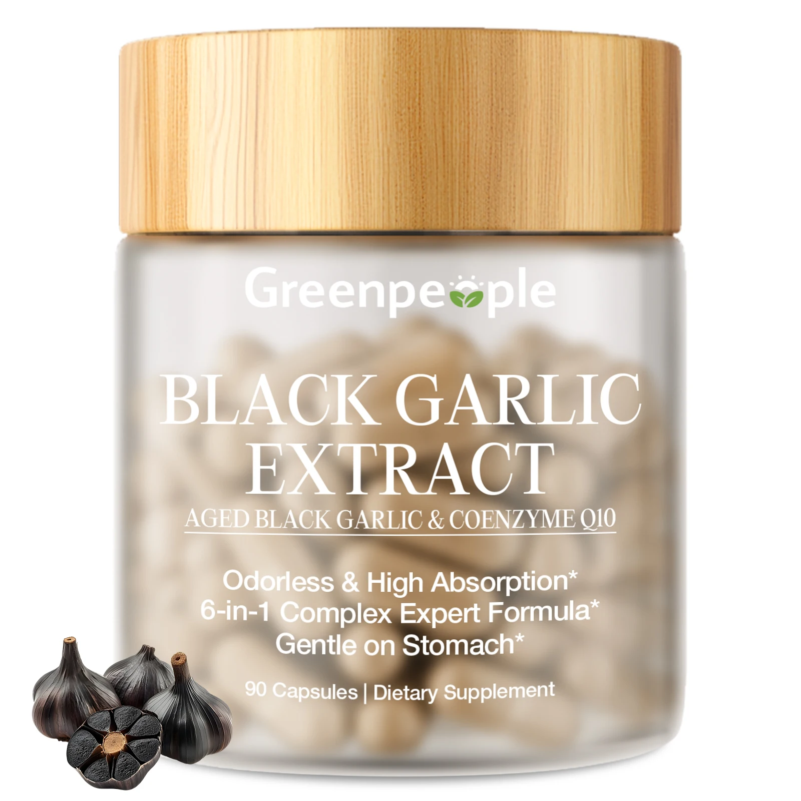 GreenPeople 750mg Aged Black Garlic Capsules CoQ10 Odorless & High Absorption 6-in-1 Complex Expert Formula Gentle on Stomach