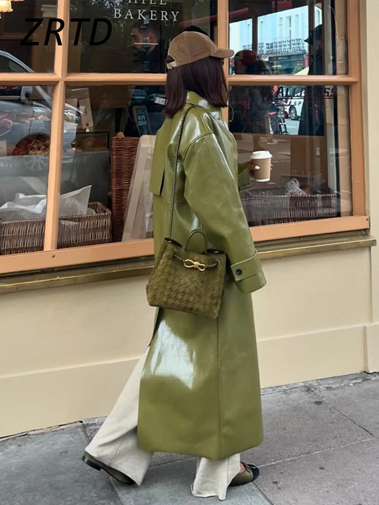 Street Women's Green Leather Overcoat Loose Lapel Single Breasted Full Sleeve Long Coats 2024 Autumn Lady Solid Trench Coat New