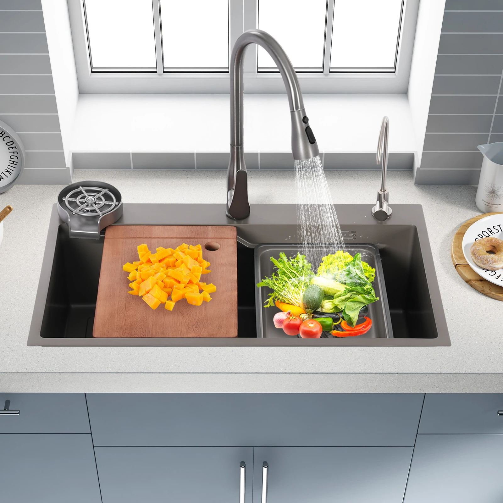 

Многофункциональная встроенная кухонная мойка, раковина из нержавеющей стали 304, 29,53*17,72*8,66 дюйма с выдвижным краном