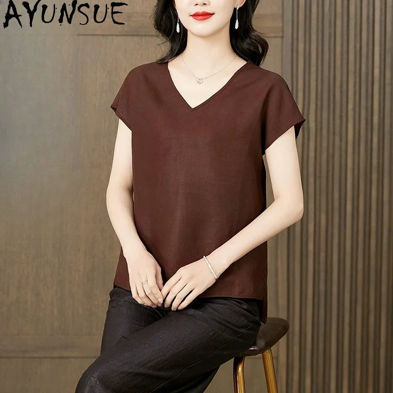 AYUNSUE 100% Real Mulberry Silk Women T Shirts Simple Short Sleeved T-shirts for Women Summer V-neck Women Clothes 2026 Футболки