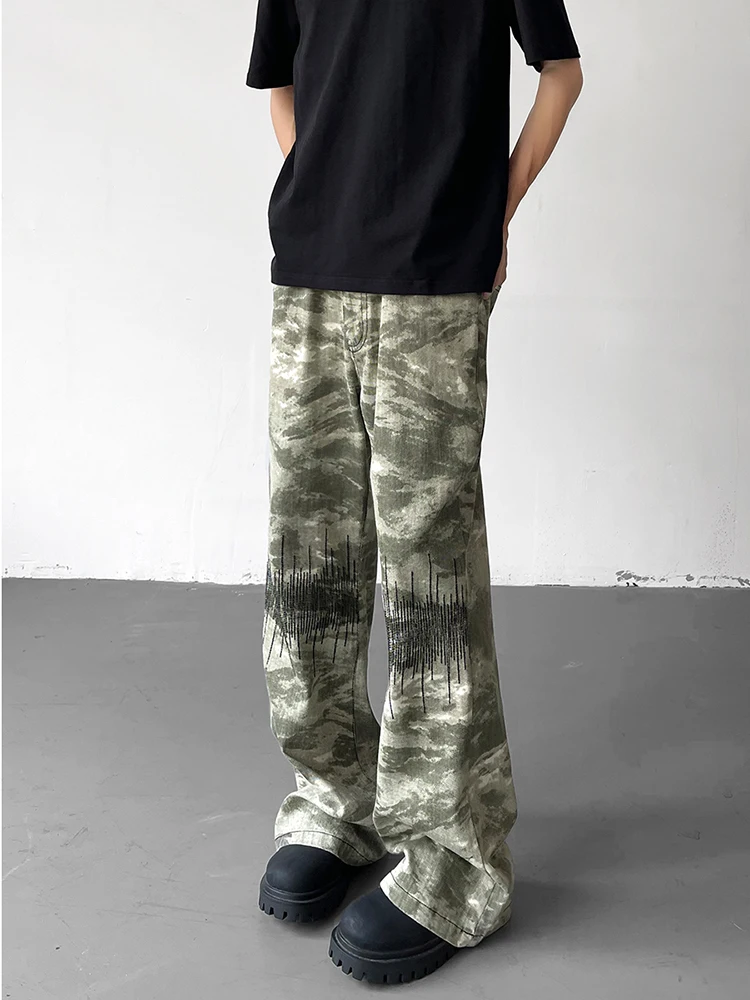 

American Retro Embroidered Camouflage Work Pants Men Summer CleanFit Trousers Extended Long for Tall Vibe Flared Jeans