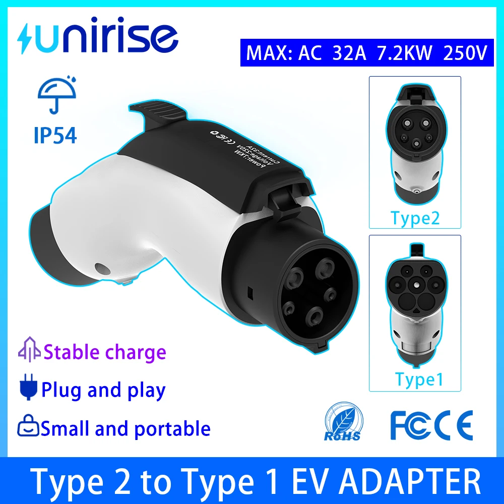 

Адаптер зарядного устройства для электромобилей от Type2 до Type1, 32 А, маленькое портативное зарядное устройство 2025 J1772, разъем для зарядки электромобиля, адаптер