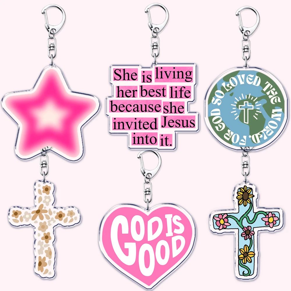 Hot Faith Pink Christian Jesus Keychains for Women Accessories Bag God Bible Church Hope Gospel Key Chain Keyrings Jewelry Gifts