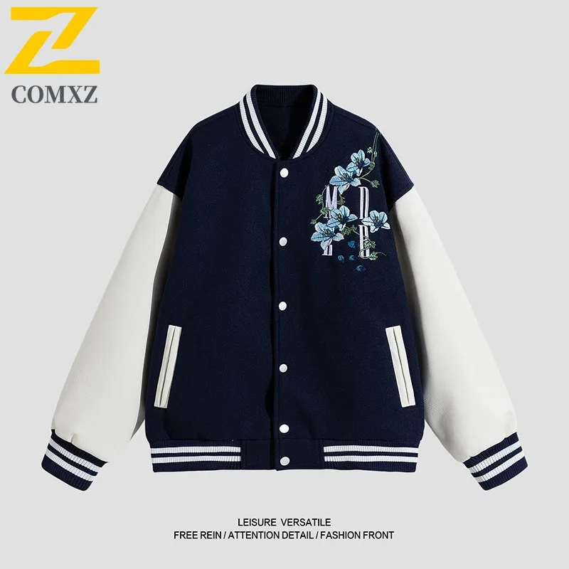 COMXZ Autumn Mens Baseball Jacket Casual Solid Color Printed Embroidery Windproof Coat Outdoor Streetwear Trendy Windbreaker