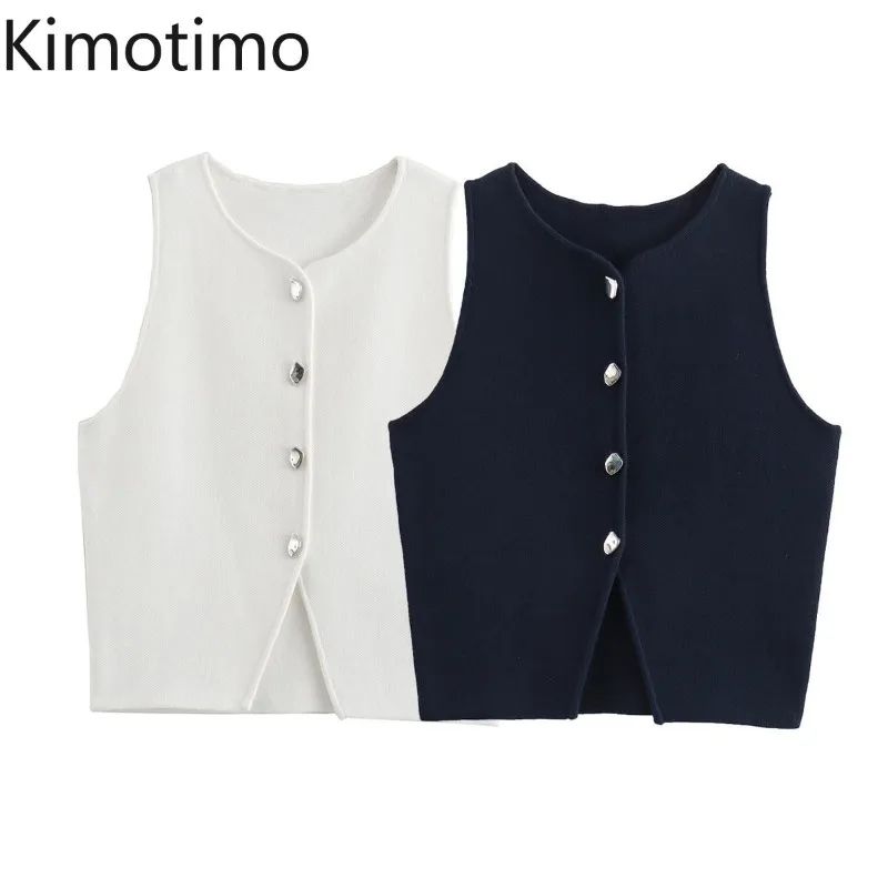 Topenomi Cropped Tops Women 2024 New Elegant Single Breasted Short Split Knitted Vest Fashion Sleeveless Slim Casual Solid Tanks