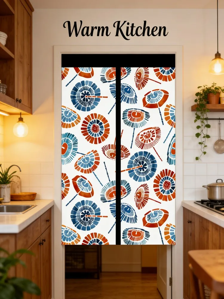Japanese Style Umbrella Print Door Curtain | Watercolor Blue Orange Parasol | Privacy Drape for Kitchen Bathroom