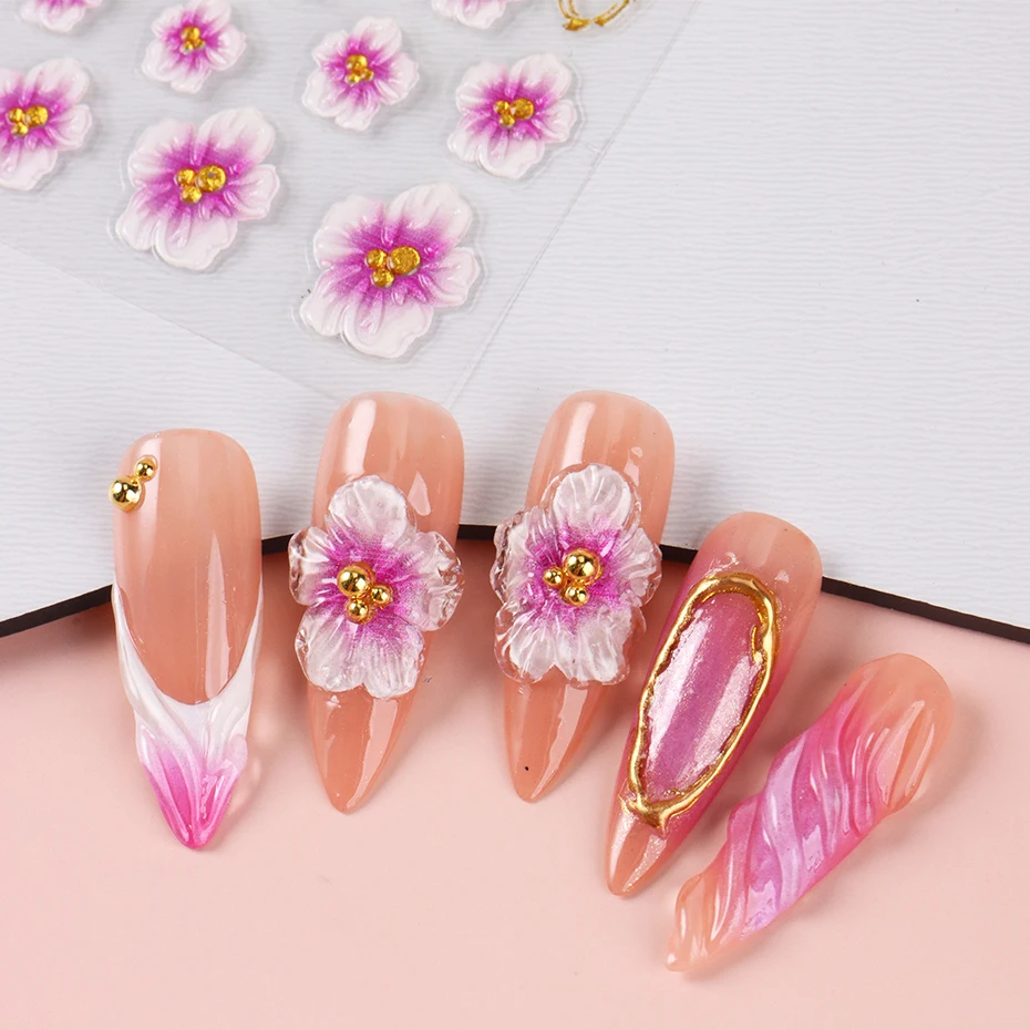 2 uds 5D en relieve Hada orquídea hibisco pegatina artística de uñas gradiente púrpura concha francesa DIY calcomanías deslizadores decoración de manicura puntas