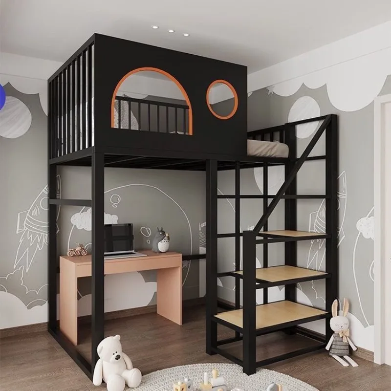 

Children's wrought iron elevated bed Small apartment space Duplex upper apartment bed Attic high and low iron frame bed