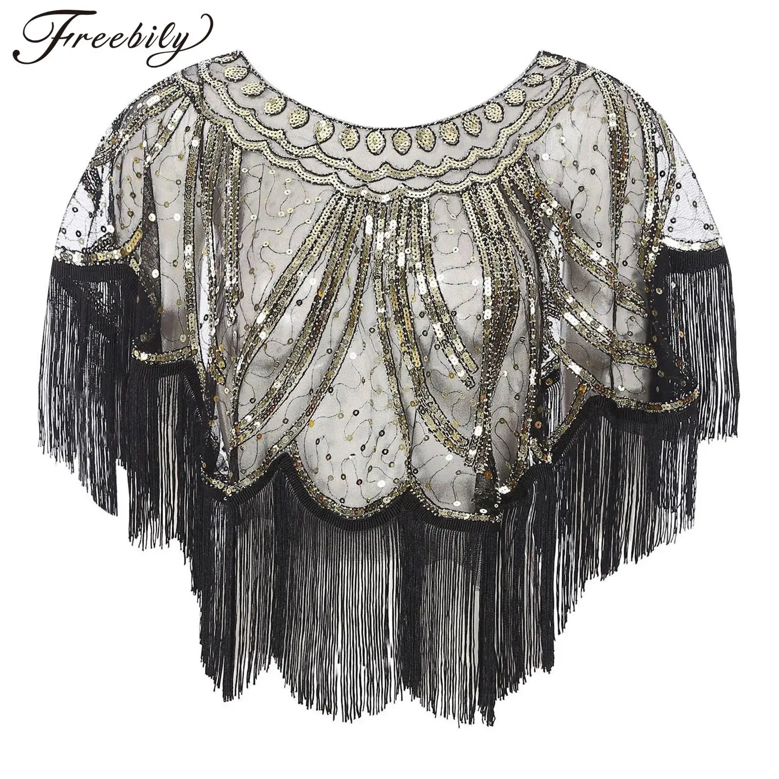 

Womens Vintage Tassel Sequins Shawl 1920s Cocktail Party Wraps See-Through Fringe Cape Coats Evening Cover Ups Accessories