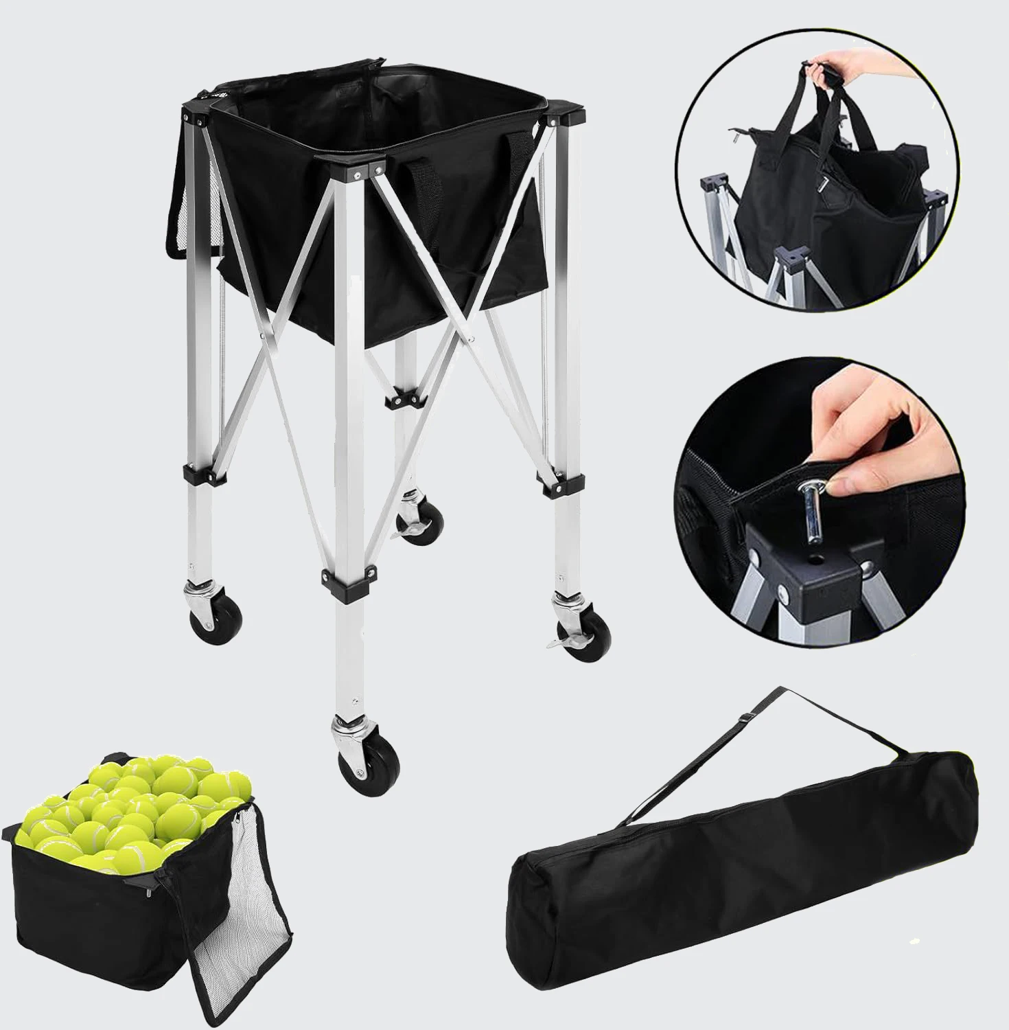 Portable Tennis Cart Aluminum Alloy Coach Baseball Badminton Table Tennis Storage Bag Cart Folding Pick-up Basket