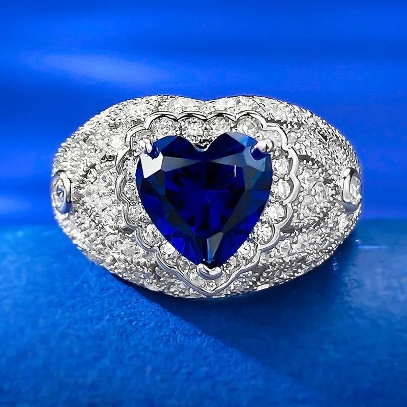 New Sterling Silver Heart-shaped Simulation Sapphire 8 x8MM Wedding Ring Elegant Gorgeous