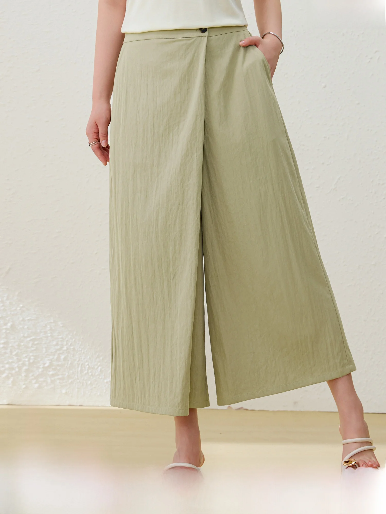 Nine-Tenths Wide Leg Pants Casual Loose Summer New Style plus Size Women's High Waist Straight Cut Commute Style Polyester Nylon