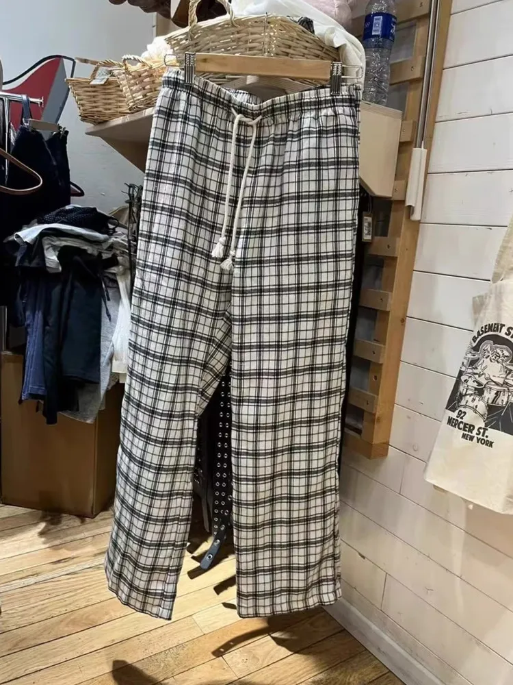 

Casual Women Beige Plaid Drawstring Pants Summer Soft Cotton Elastic Waist Straight Pants Female Streetwear Loose Trousers Chic