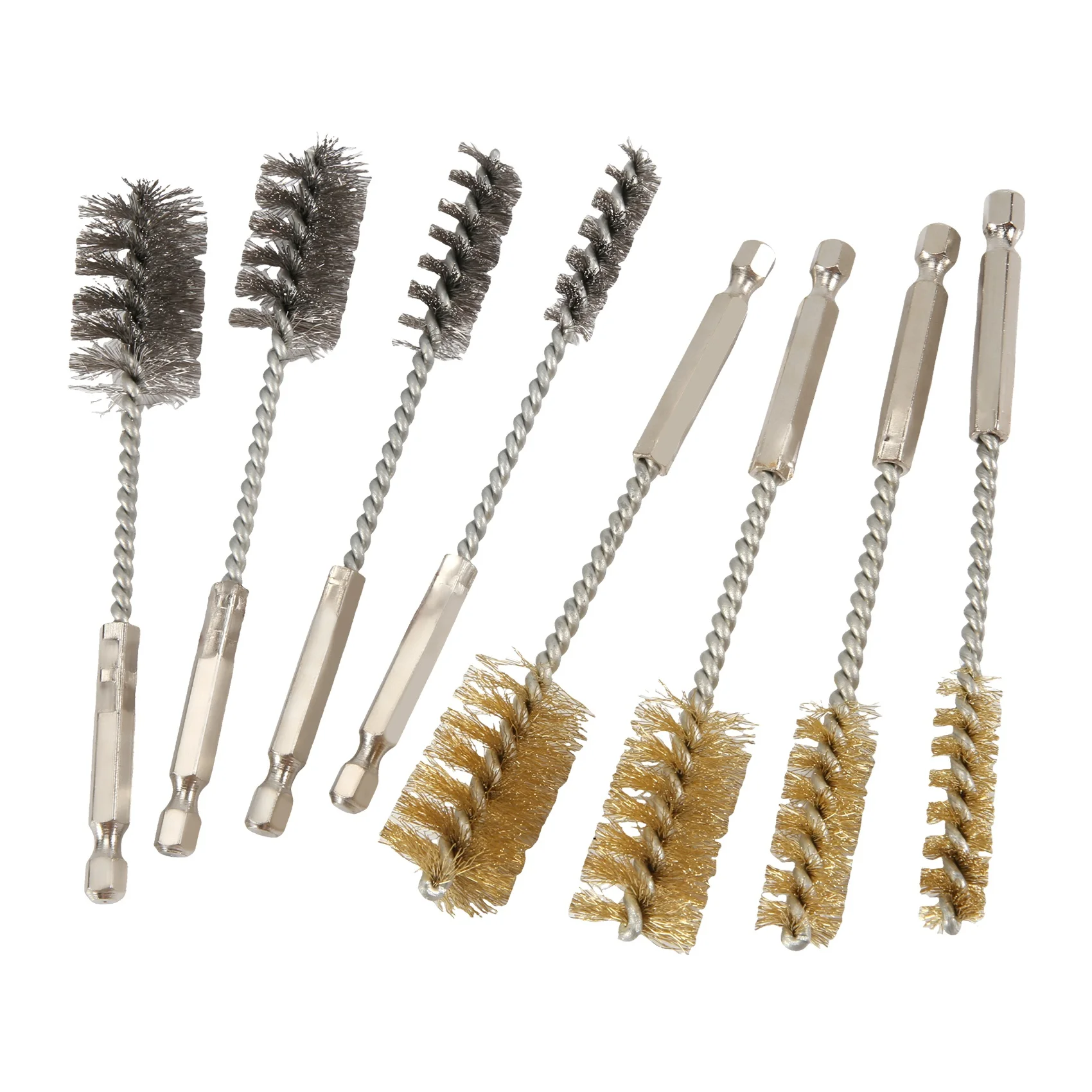 8 Pcs Stainless Steel & Copper Wire Brush for Drill Bore Brush Set with Hex Shank Handle Wire Brushes for Drill Ports