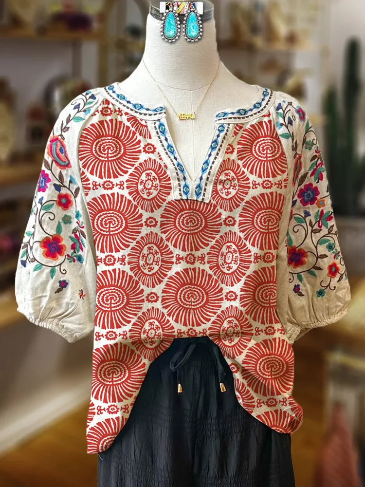 Women's Fashionable Printed Patchwork Blouse, Breathable and Wrinkle-Resistant Red sunflower Flower embroidery, V-Neck Collar, 3/4 Sleeve Length, Bohemian Style Western Country Casual Summer Vacation Ethnic Print Top