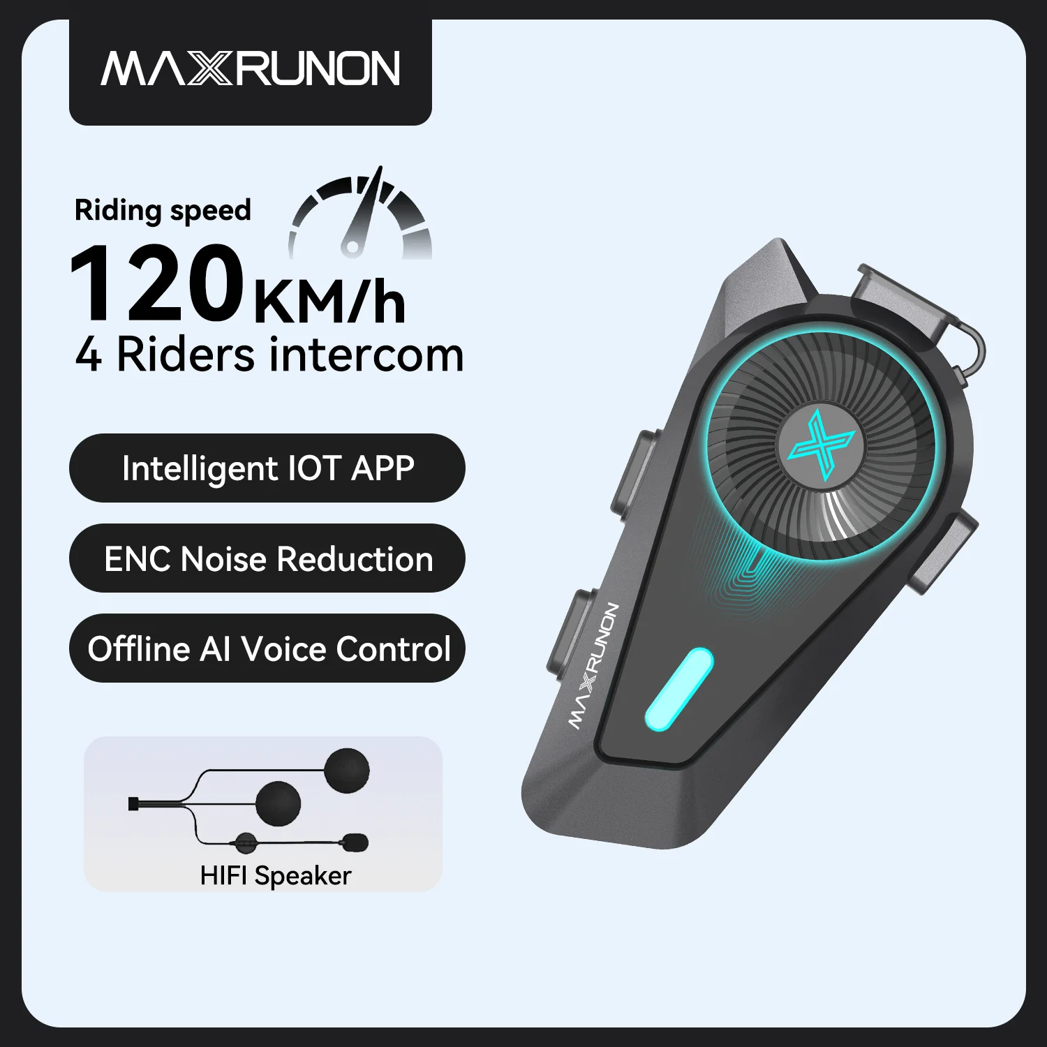 Intercomunicador para Motocicleta MAXRUNON D10 para 4 Pilotos, Headset para Capacete, Interfone de Grupo Moto com App, Controle de Voz por IA, ENC, IPX7, FM, BT5.4