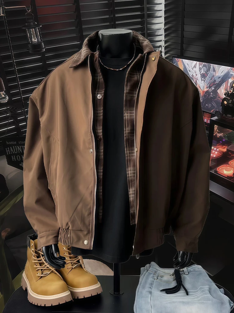 

Ретро-куртка в американском стиле, коричневая в клетку, мужская, весенне-осенняя, в стиле рабочей одежды, молодежная, свободного кроя, с карманами