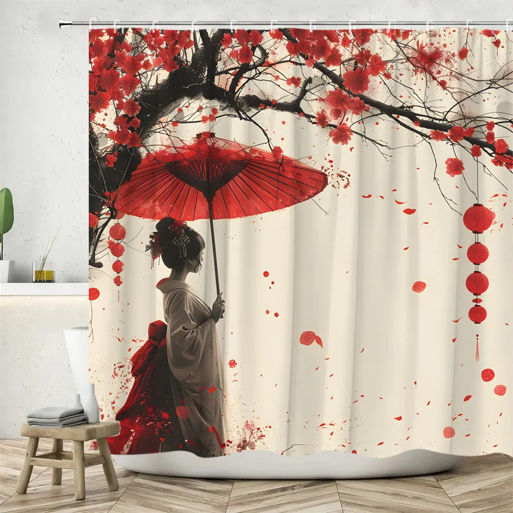 Japanese Scenery Shower Curtain Cherry Blossom Woman Kimono Red Sun Ink Painting Home Polyester Fabric Bathroom Decor Curtains