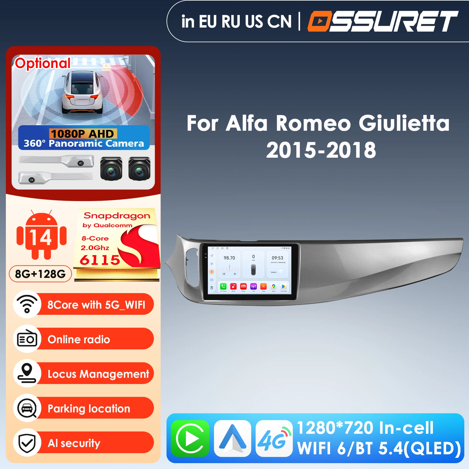 

9'' Intelligent Screen 2din Android Car Radio Multimedia Video Player for Alfa Romeo Giulietta 2015-2018 GPS Carplay Auto 4G RDS