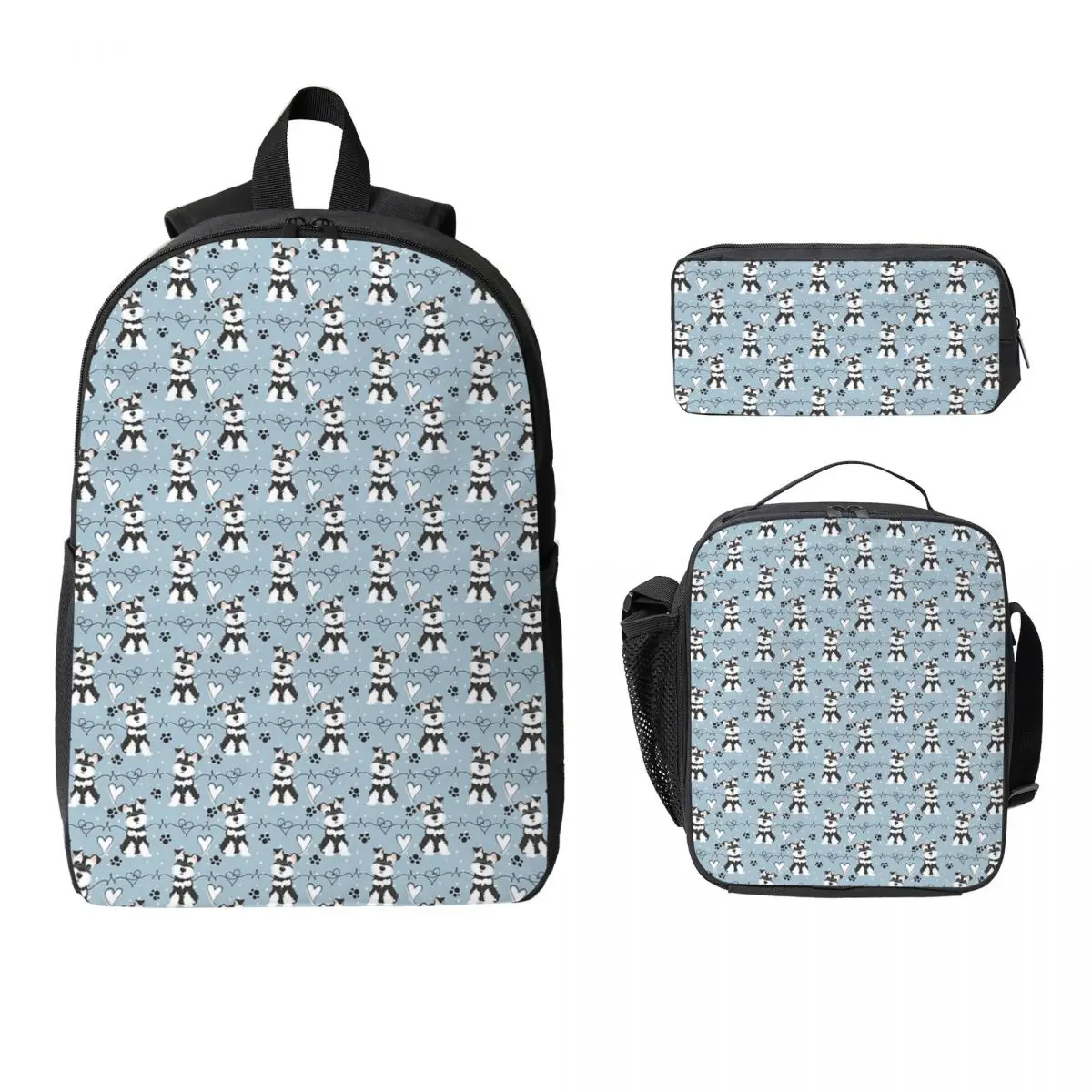 

Love Black And White Miniature Schnauzer Backpack BookBag School Bag Laptop Shoulder Bags 3ps Insulated Lunch Bag Pencil Case