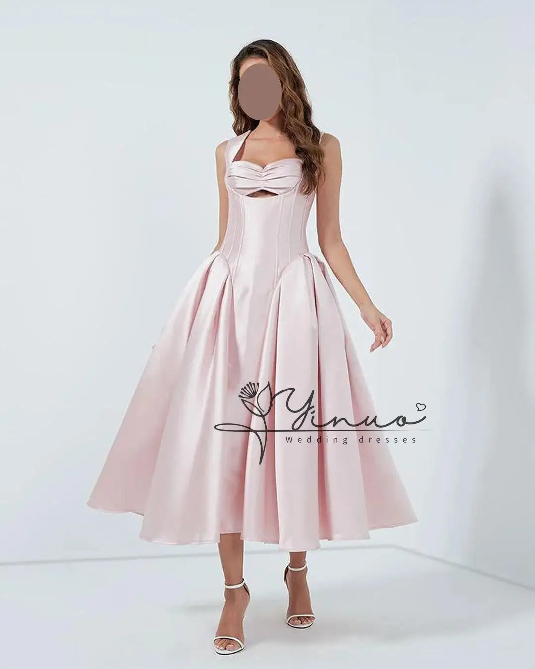 customized A-Line Square Neckline Ankle-Length Satin Hollow Out Wedding Party Dress Prom Dress Women فستان حفلات الزفاف