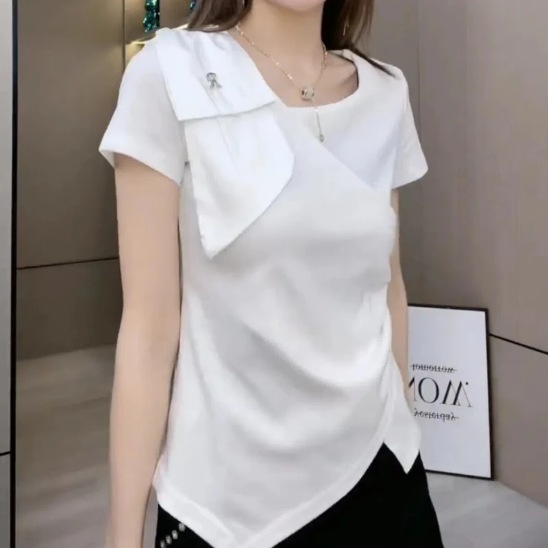 2024 Summer Fashion Simplicity Commute Women\'s V-neck Solid Color Spliced Bow Asymmetric Ruched Loose Short Sleeve T-shirts Tops