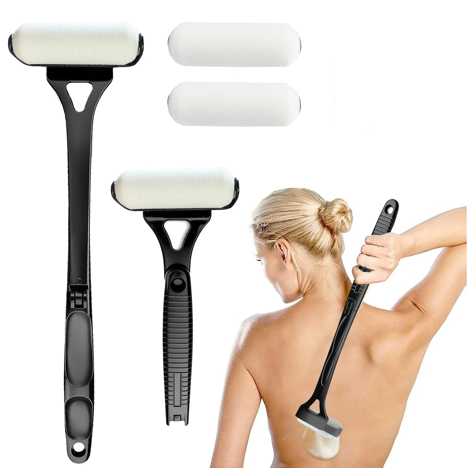 Lotion-Applikator, selbst, Sonnenschutz, Bräunungs-Rücken-Applikator-Stick, tragbar, langer Griff, faltbar, mit zwei Ersatzköpfen