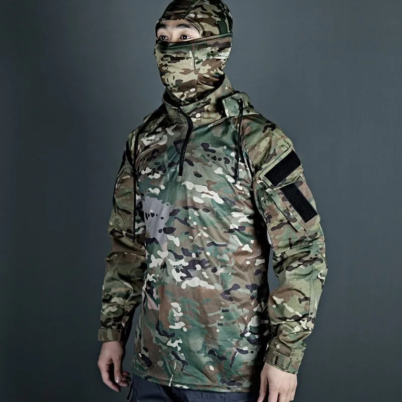 Outdoor Men Tactical Frog Shirt Long‑Sleeve Camo Combat Top Elastic Breathable Half Zip Shirts for Hiking Camping CS Training