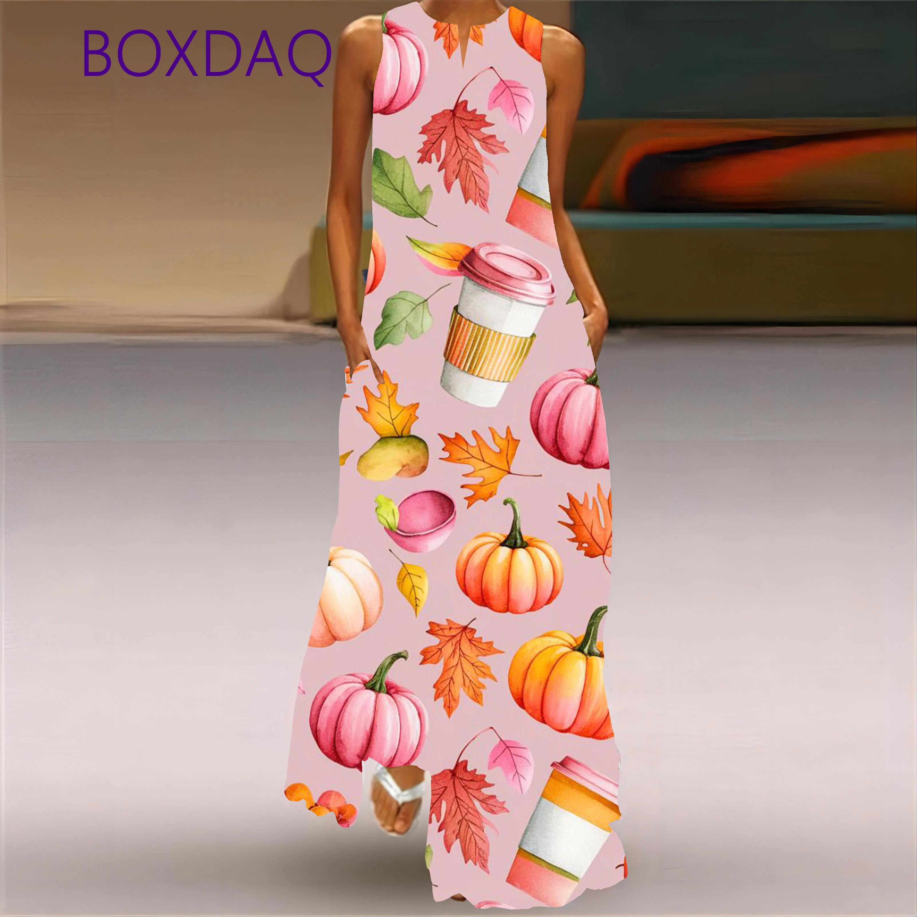 2025 Spring Autumn Vintage 3D Printed Long Dresses For Women Fashion V-neck Design Loose Sleeveless Dress Casual Vestidos Female