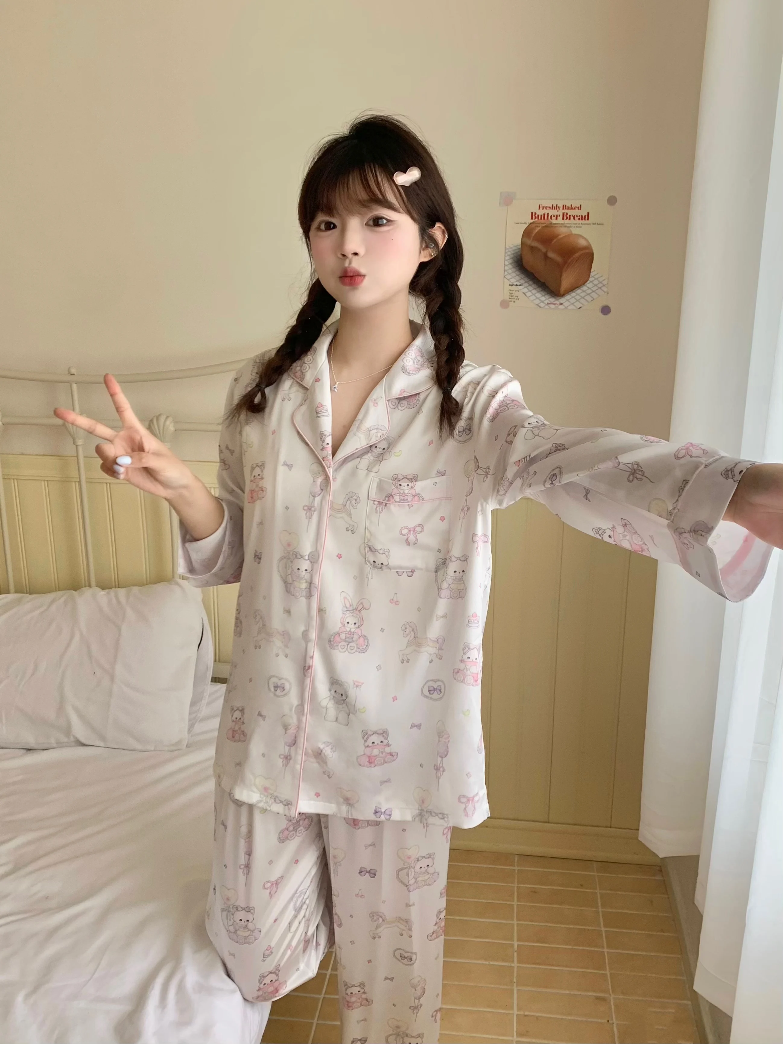 Sweetheart Girl Japanese Original Cute Cartoon Printed Ice Silk Pajamas 2025 Summer Cool Short-sleeved Loungewear Set