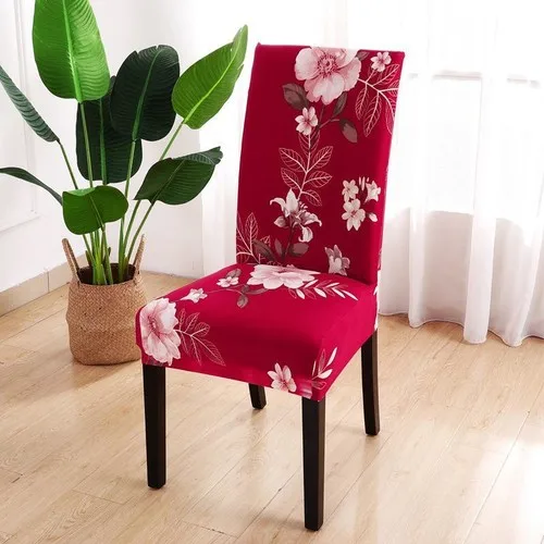 Madame Blue Silk Velvet Lycra Digital Print Flower Red 6'lı Chair Cover