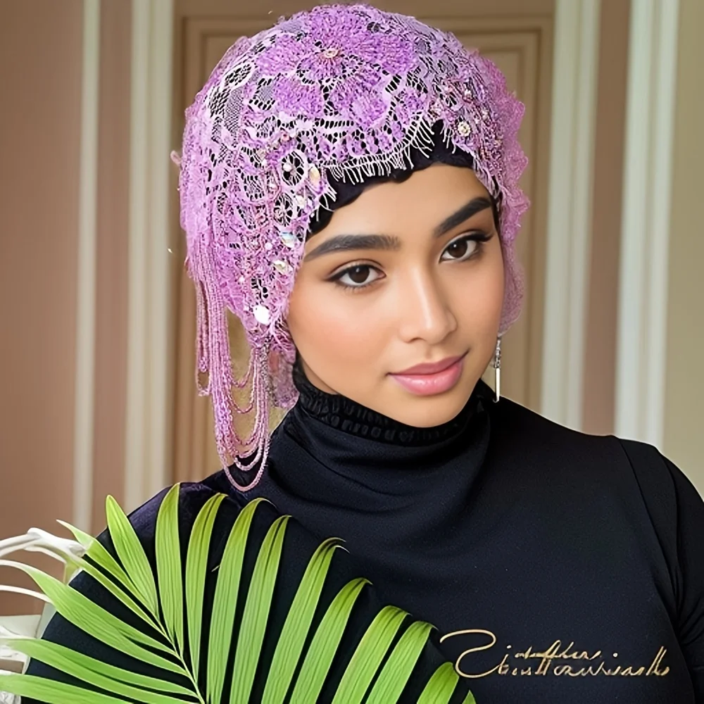 New Hair Covering Cap with Ethnic Style Lace Flower High end Design Hair Hat Indian Fashion Hat Muslim Chemotherapy Hat