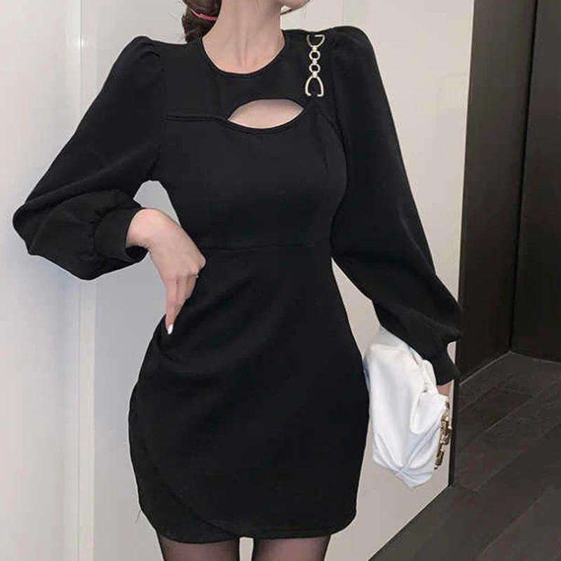 

French long-sleeved dress women's autumn dress 2022 new hot girls sexy hip wrap skirt waist small black skirt Sheath Mid-Calf