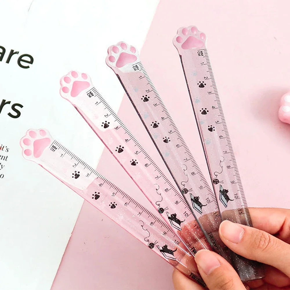 New 15cm Cute Paw Ruler Kitties Acrylic Plastic Straight Measuring Rule Bookmark Geometry Tools Office School Student Stationery