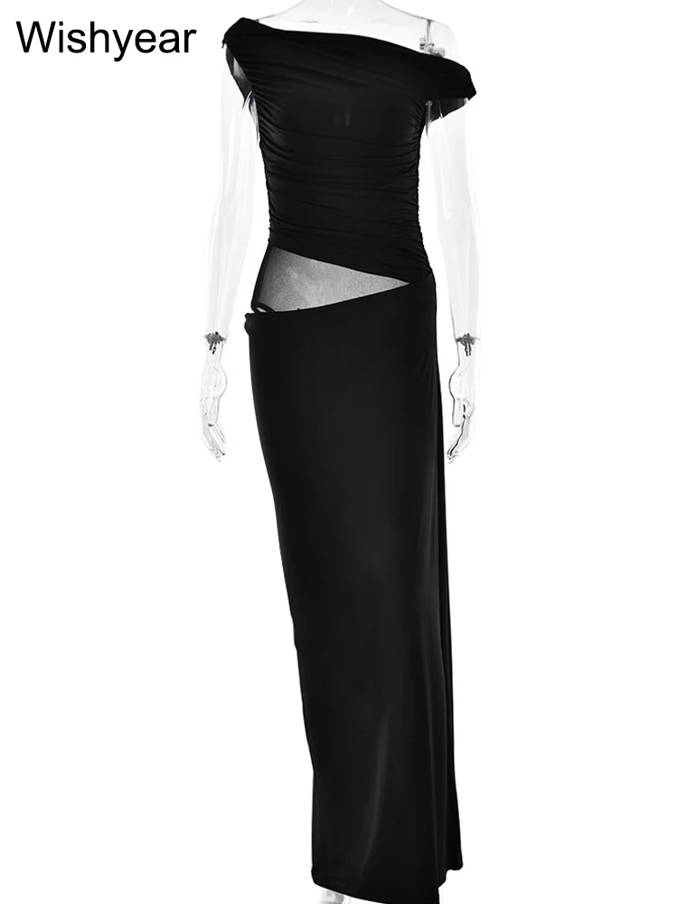 فستان طويل صيفي بدون أكمام من Wishyear للحفلات الليلية للنوادي الليلية للنساء أنيق لحفلات أعياد الميلاد وحفلات التخرج بكتف واحد فساتين ماكسي سوداء فاتنة