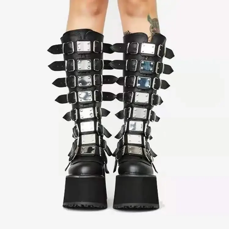 Women's Cosplay Boots Multi-row Belt Buckle Long Tube Leather Knight Boot Punk Gothic Classic Black High Heel Shoes Knee-High