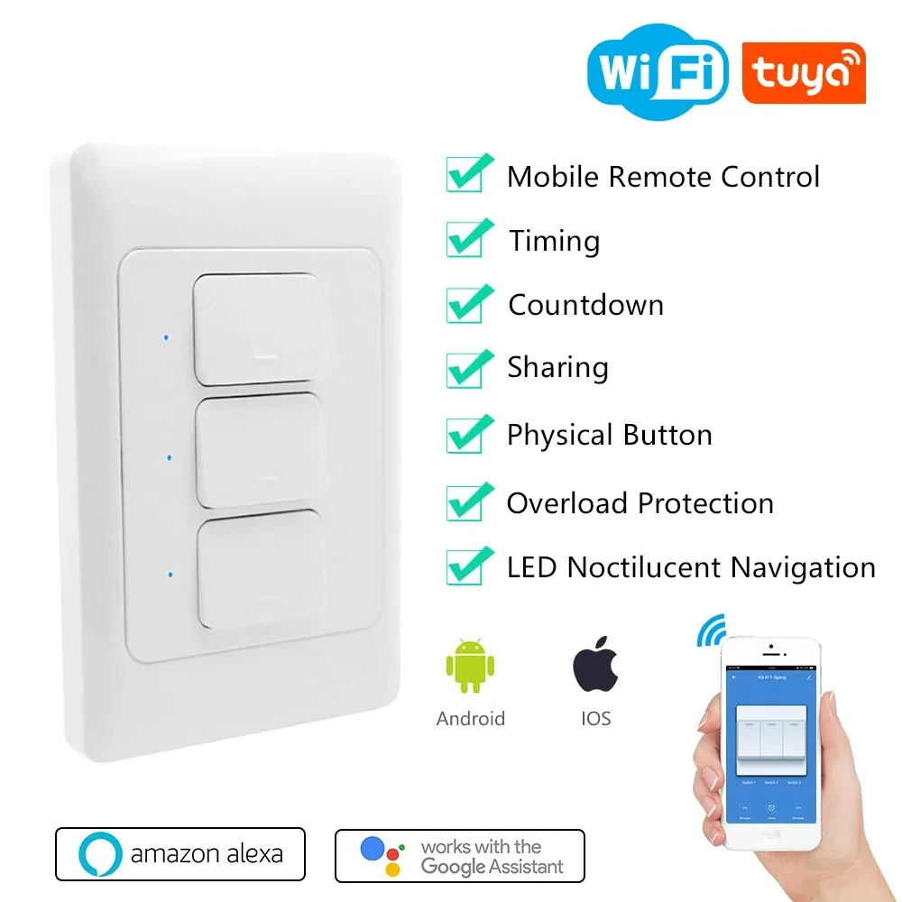 CBE Tuya WiFi Smart Wall Light Switch 220V Neutral Wire Physical Button 1 2 3 Gangs Works With Google Assistant Alexa Timer