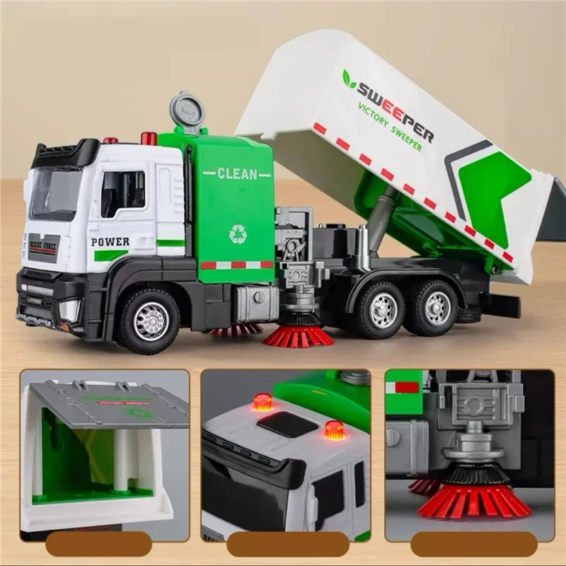 

1/32 City Environmental Sanitation Sweeper Truck Car Model Diecast Garbage Cleaning Vehicles Model Sound and Light Kids Toy Gift