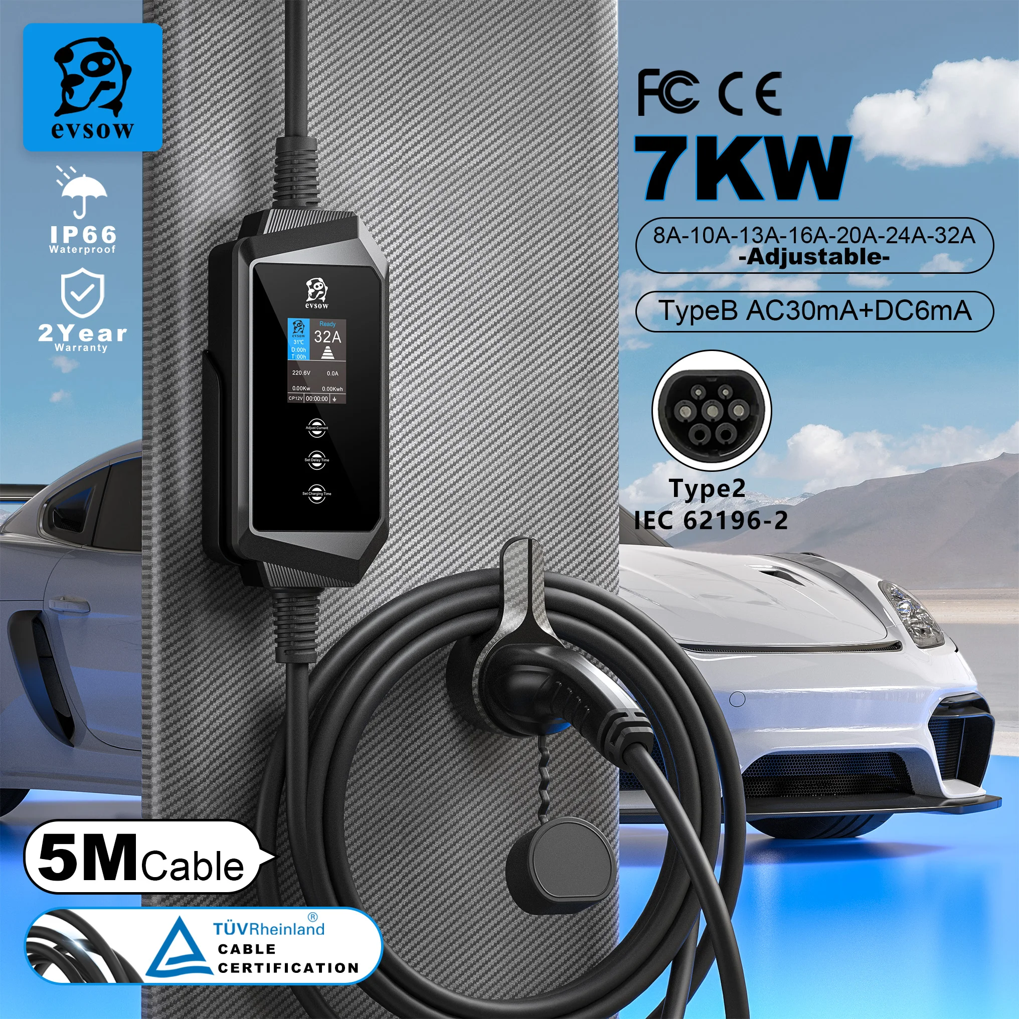 

evsow 7kW Portable EV Charger Type2 Type1 Electric Car Charger For Tesla With WIFI APP Control Adjust Current&Set Charging Time