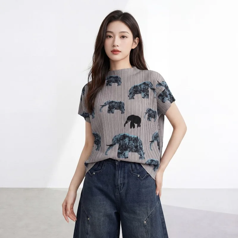 Miyake Pleated 2026 New Summer Short Sleeve Top for Women Lightweight Breathable Comfortable Printed Pullover Textured T-Shirt