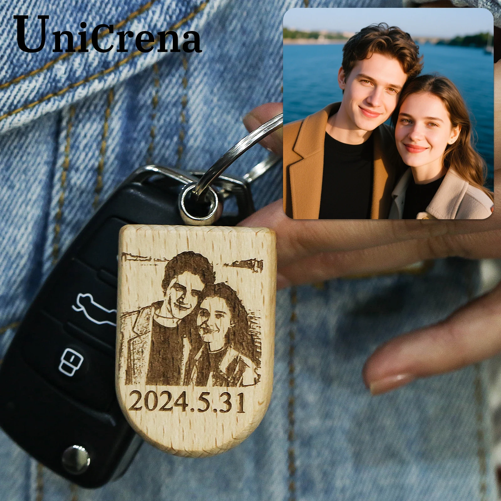 Unicrena Custom Photo Wood Keychain Engrave Pictures & Names Logo Wooden Tag Unique Gift for Creative Personalized Men and Women